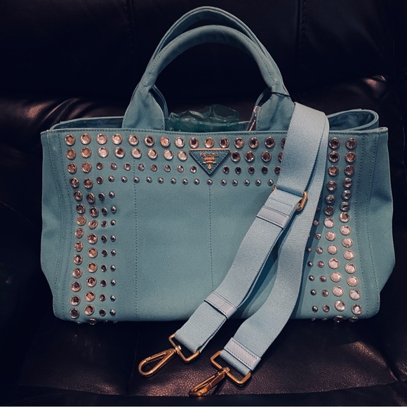 Prada Handbags - Prada Turquoise Studded Canvas Tote with Detachable Strap COA